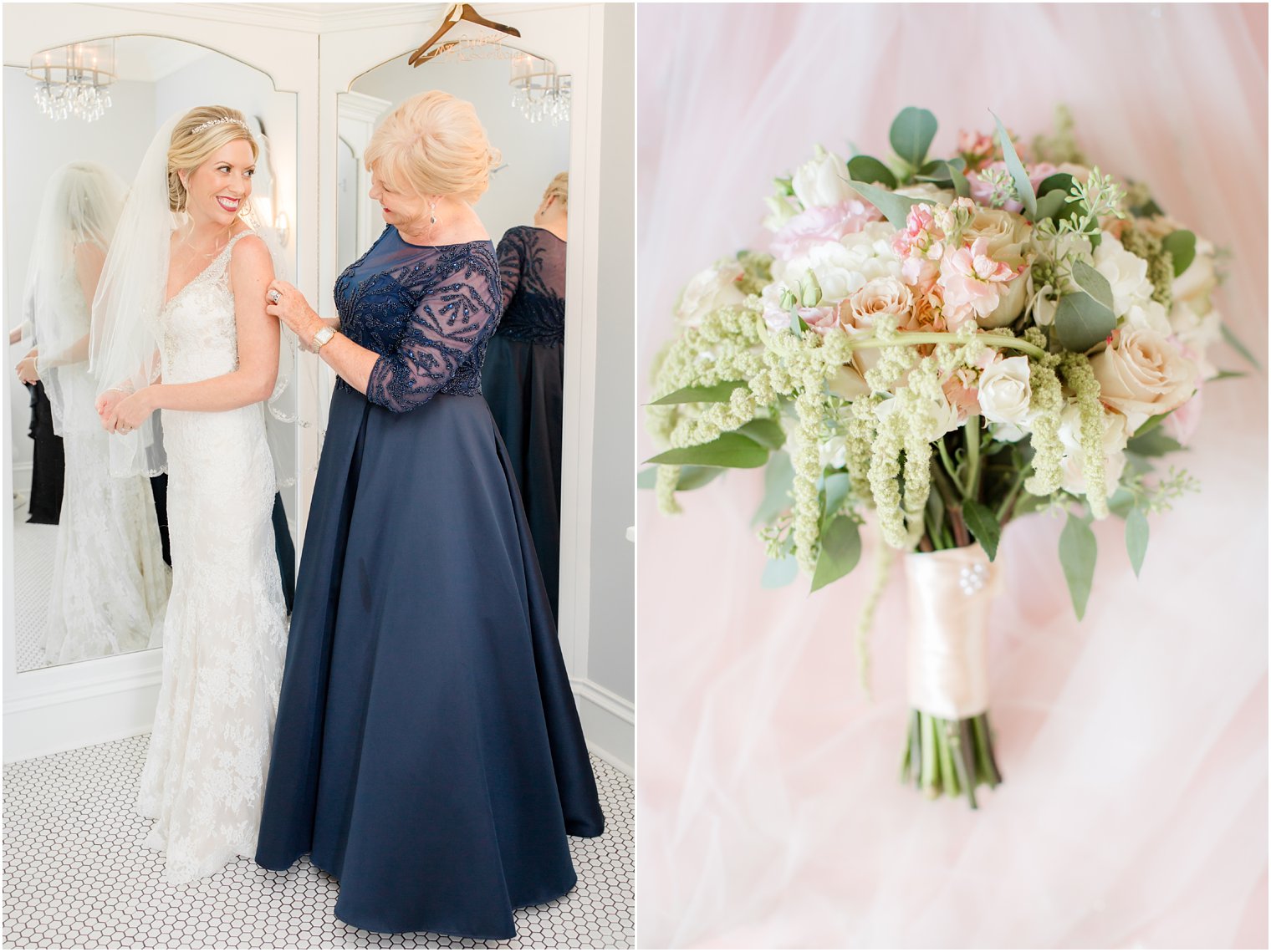 bride and mother before Huntingdon Valley Wedding day and bouquet by Robertson's