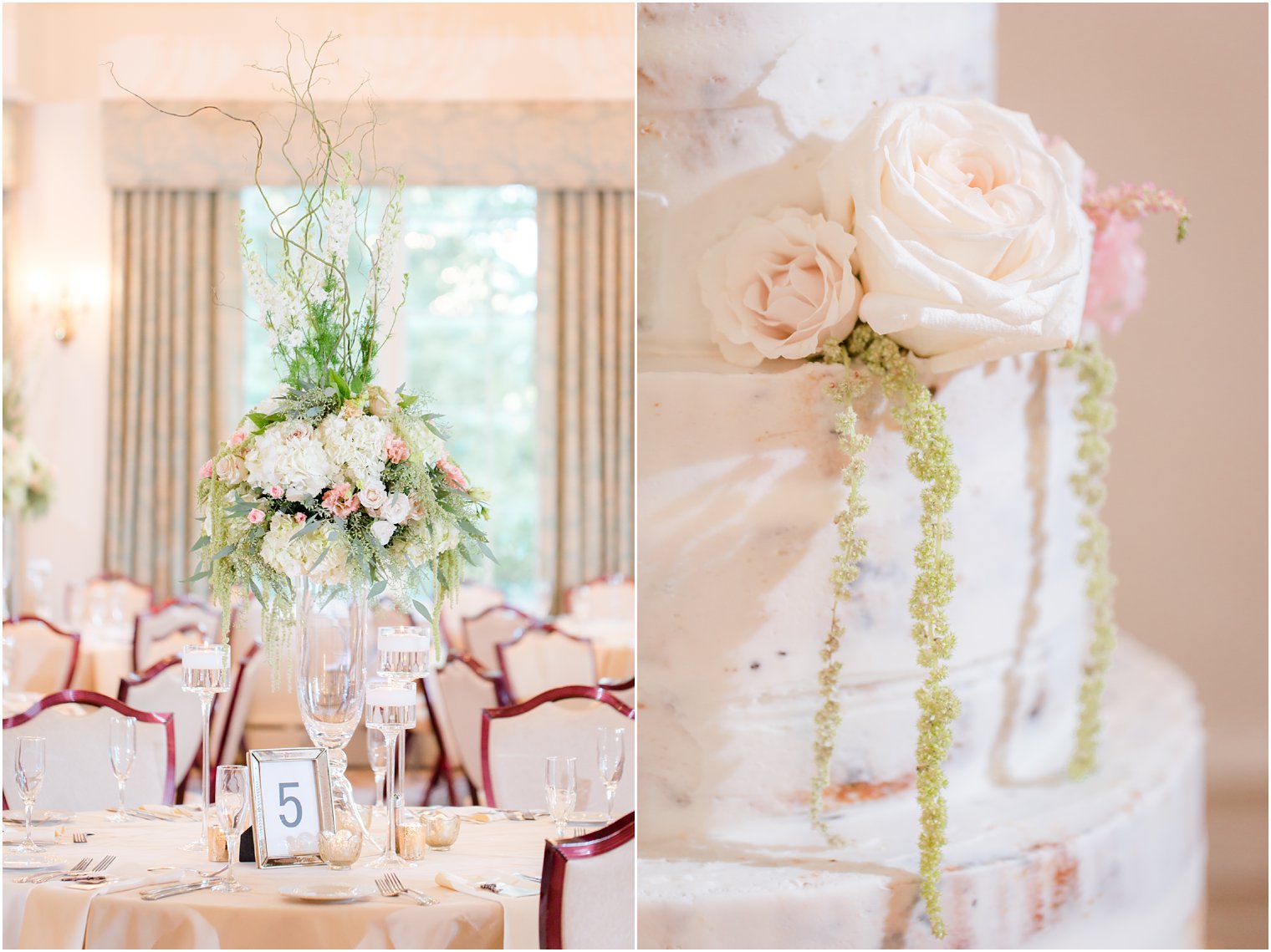 tall floral centerpieces by Robertson's and wedding cake by Bredenbeck's Bakery photographed by Idalia Photography at HVCC