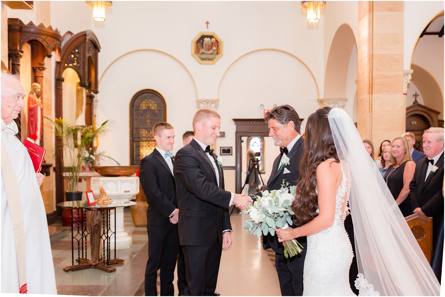 father gives bride away to groom during NJ wedding ceremony