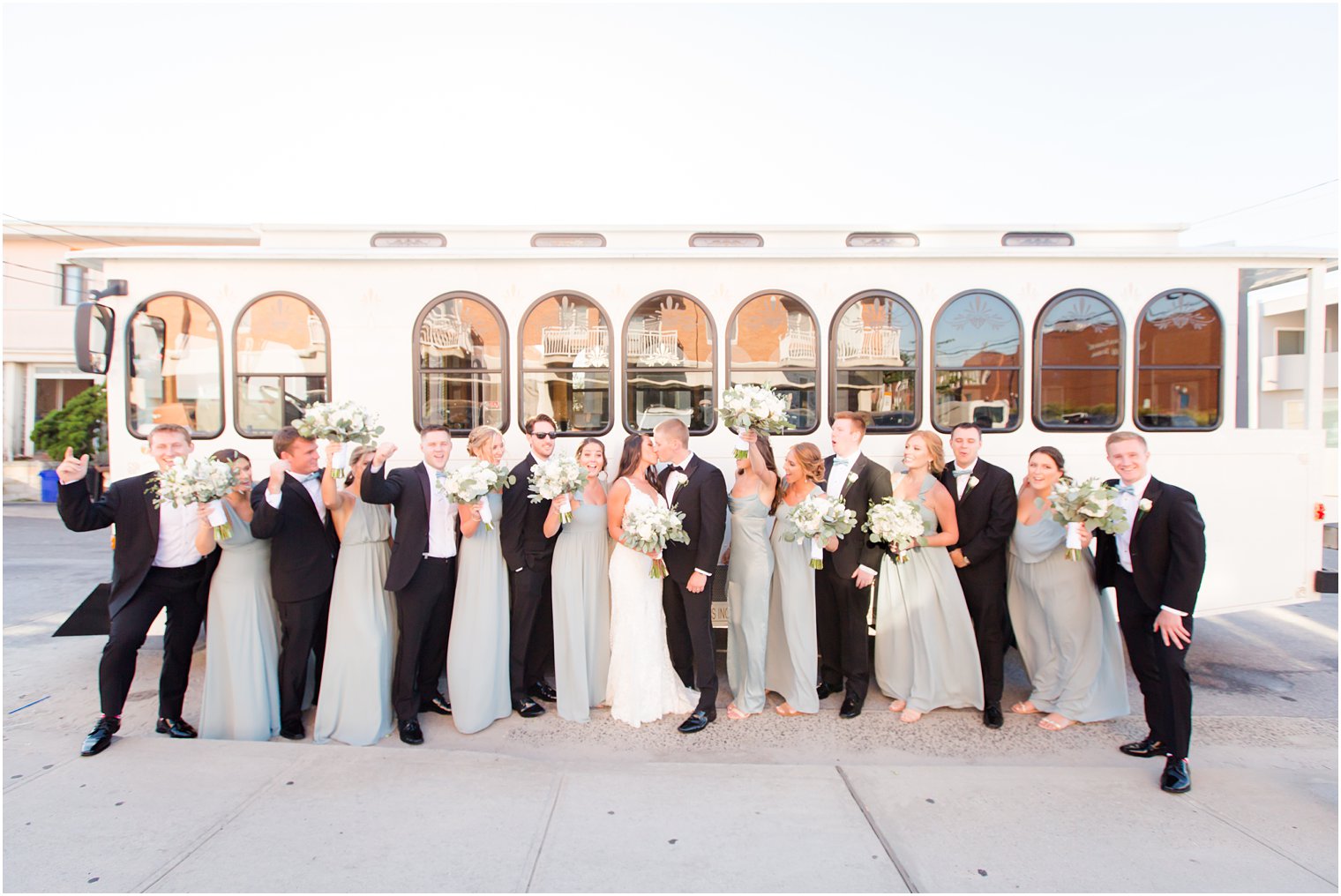 bridal party with Cruise Control Limo trolley on NJ wedding day