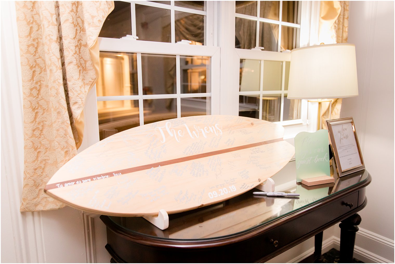 surfboard wedding guest book for Bridgeview Yacht Club wedding day