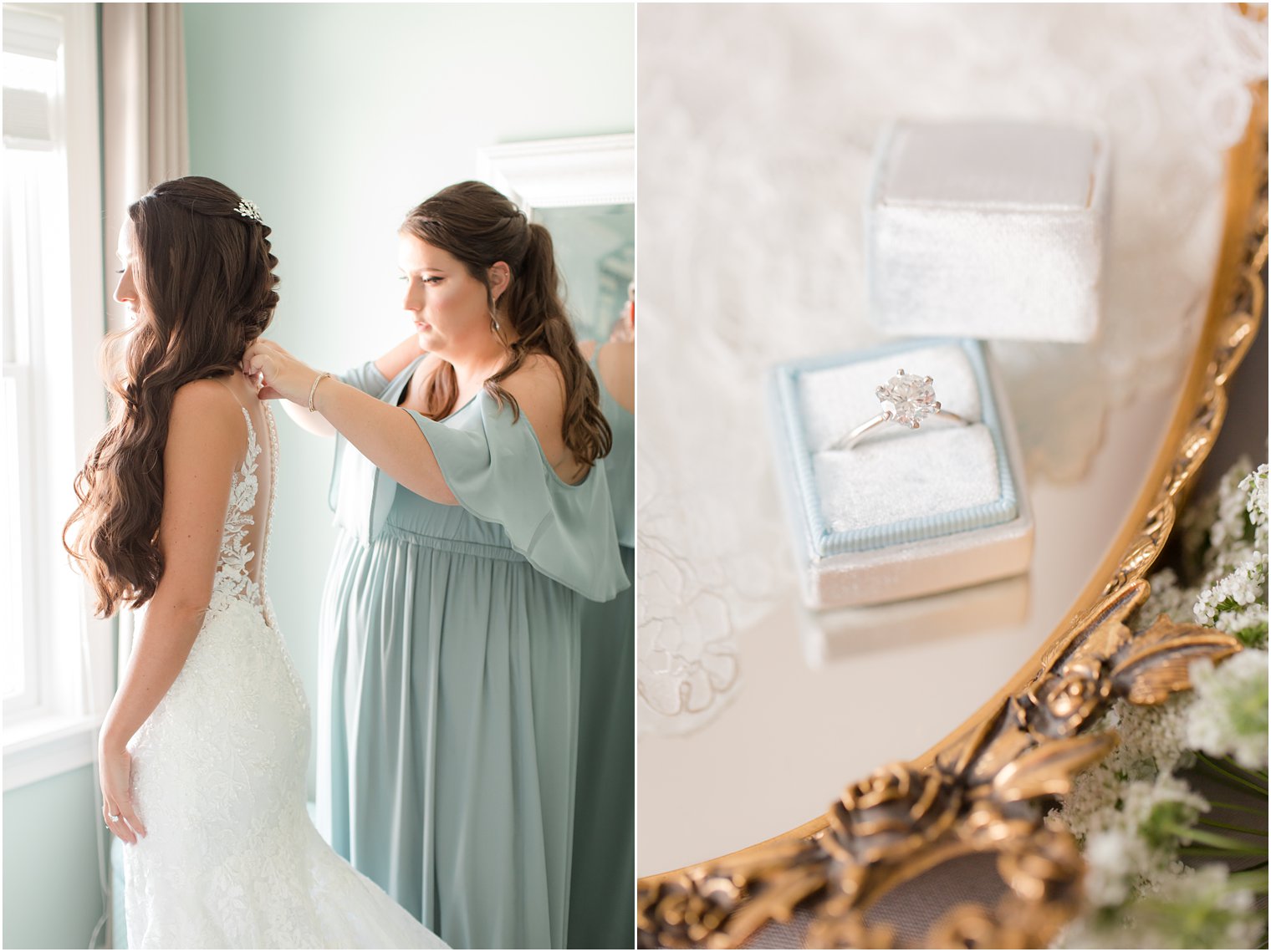 bridesmaid helps bride into gown photographed by Idalia Photography