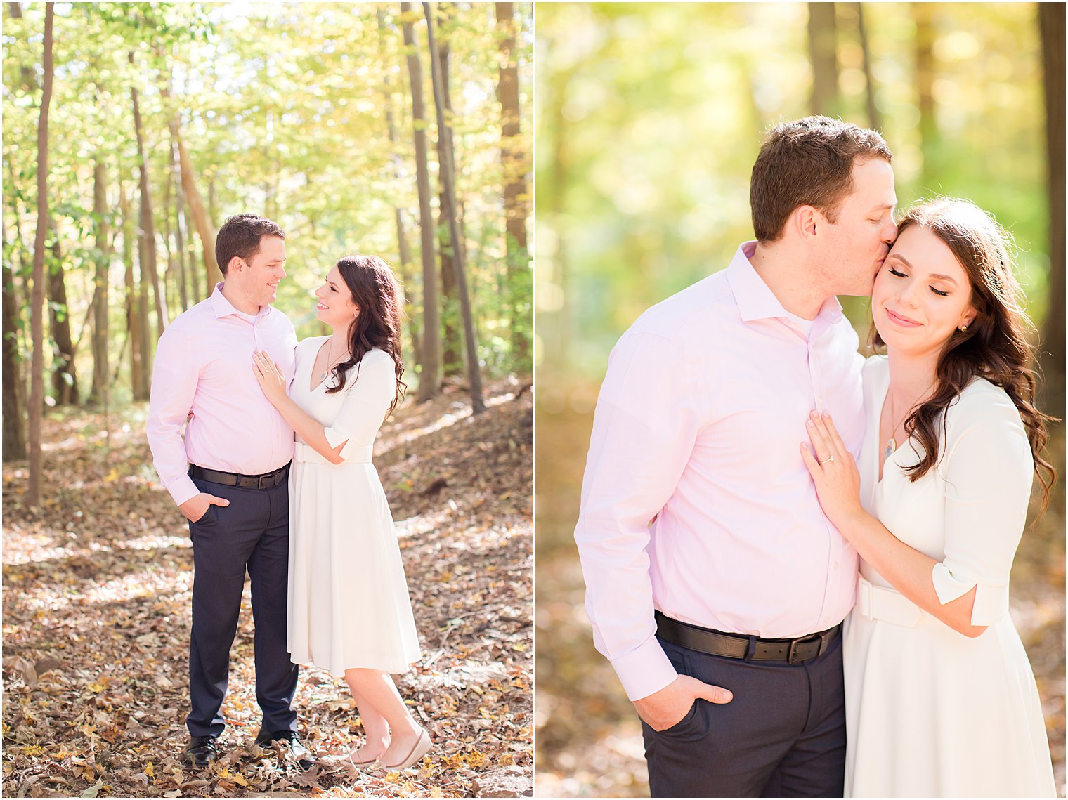 engaged couple poses in woods at Watchung Reservation