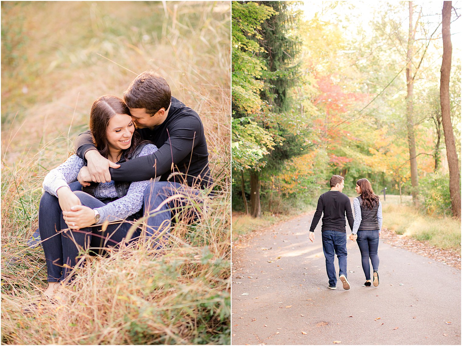 couple walks through Watchung Reservation during engagement photos