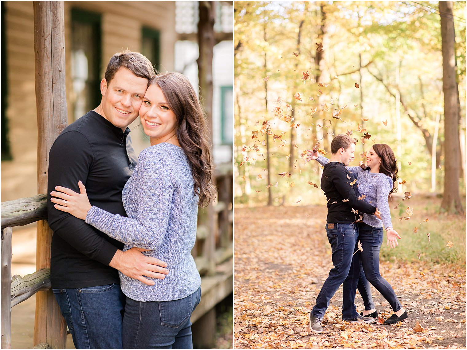 bride throws leaves in the air during Watchung Reservation engagement photos