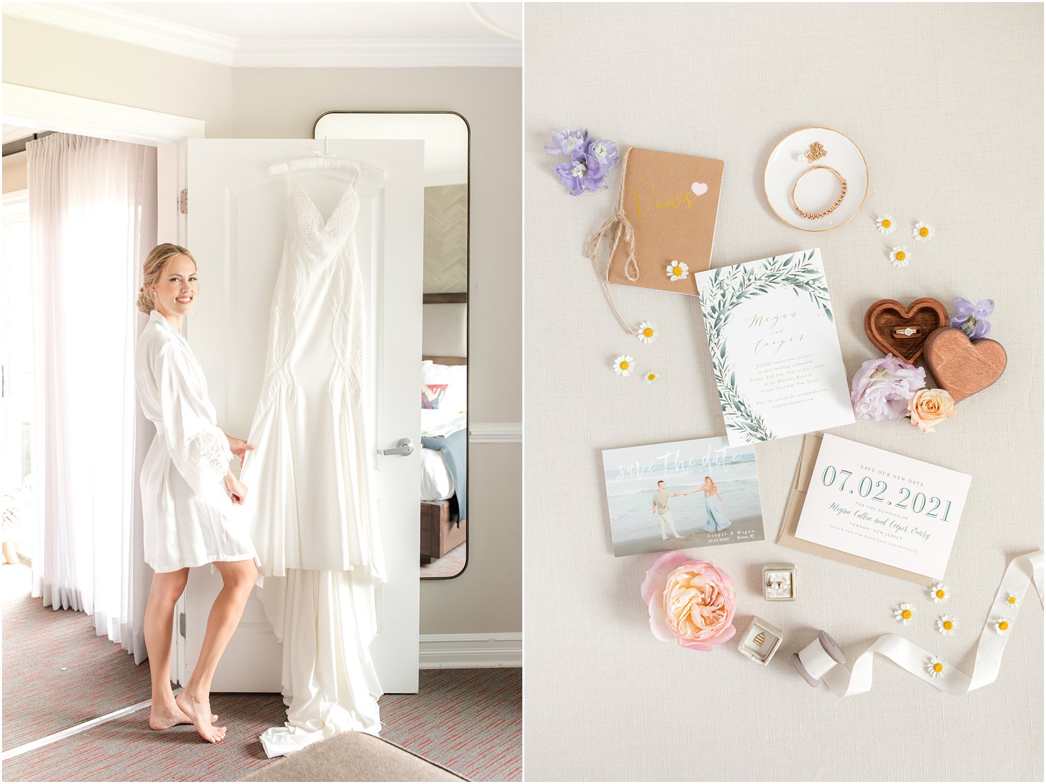 bride looks at wedding gown hanging on door at Minerals Resort