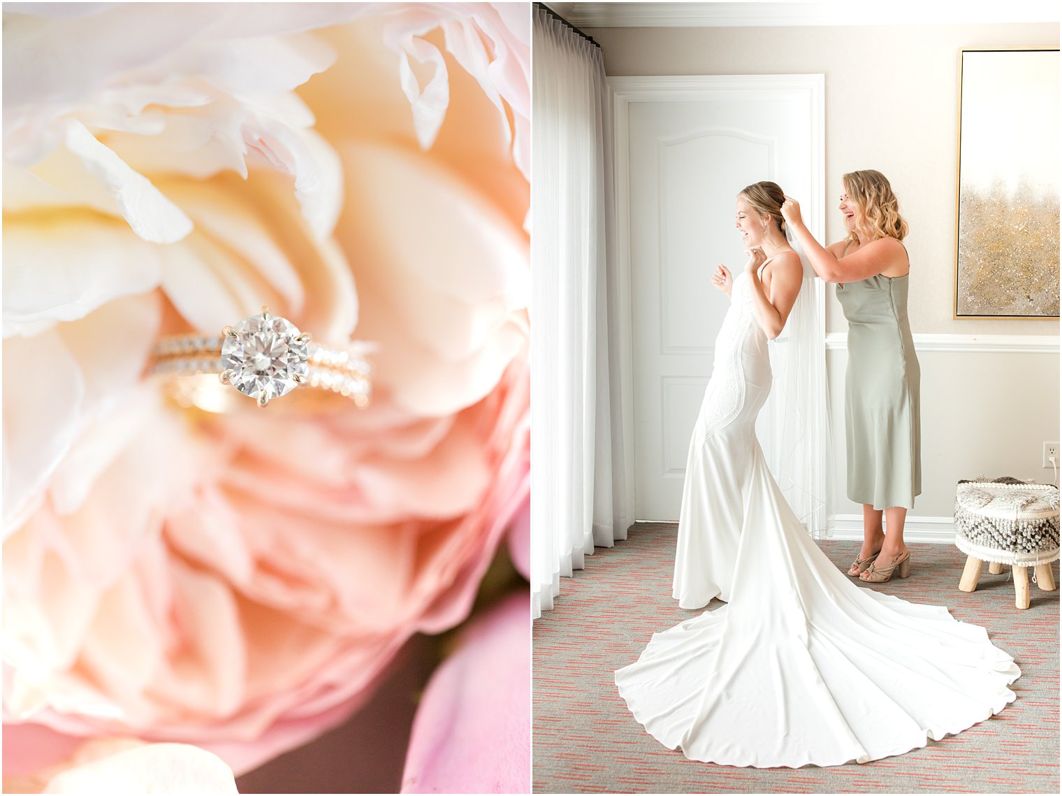 bridesmaid helps bride with veil before NJ wedding ceremony 