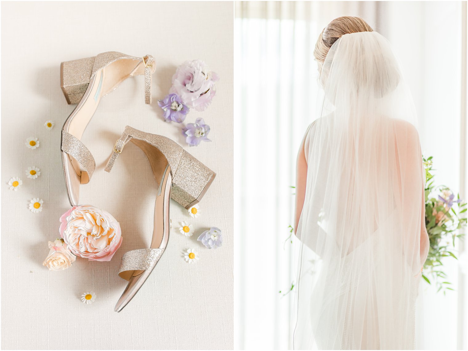 bride's shoes and wildflowers before Minerals Resort wedding day