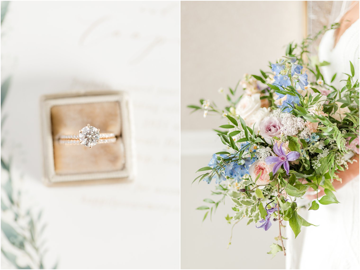 bride's bouquet of wildflowers and ring in beige box