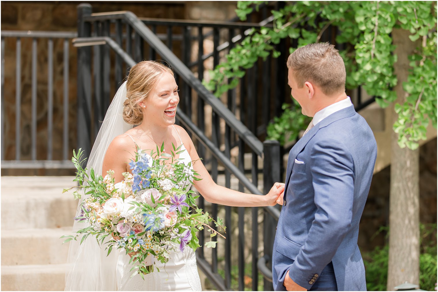 bride and groom have first look on Minerals Resort wedding day