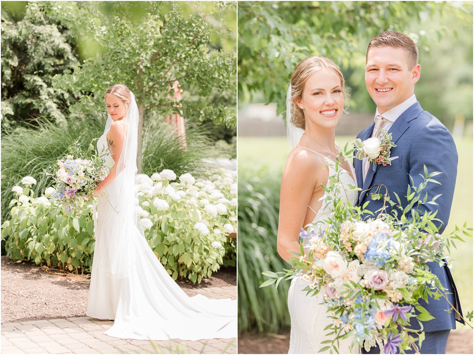 bride looks over shoulder holding bouquet of wildflowers 