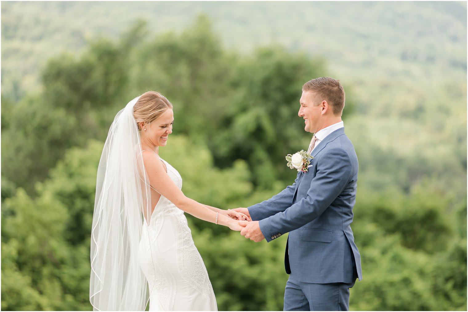 bride and groom laugh on wedding day in New Jersey