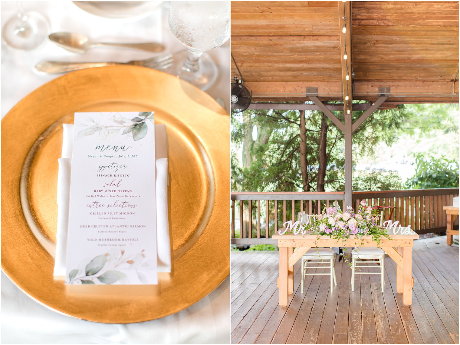 wedding reception in lodge with gold details and sweetheart table 