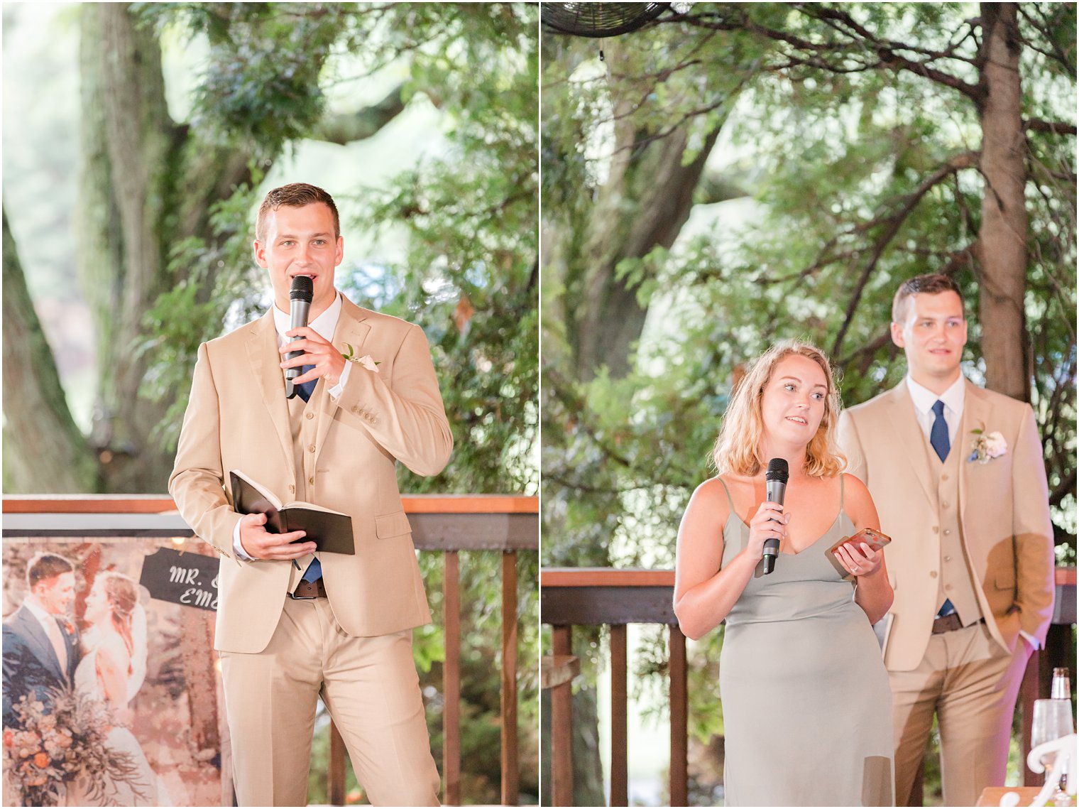 groomsman and bridesmaid read toast during NJ reception 