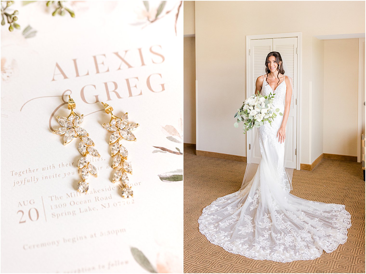 bride poses in wedding dress with lace details along the bottom