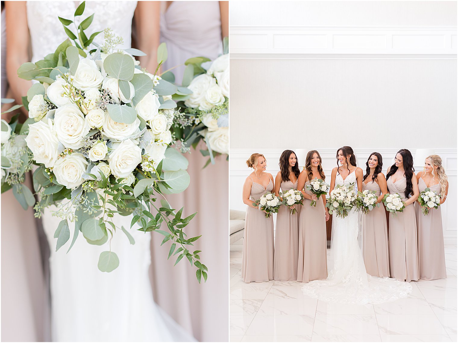 bride poses with bridesmaids in taupe gowns