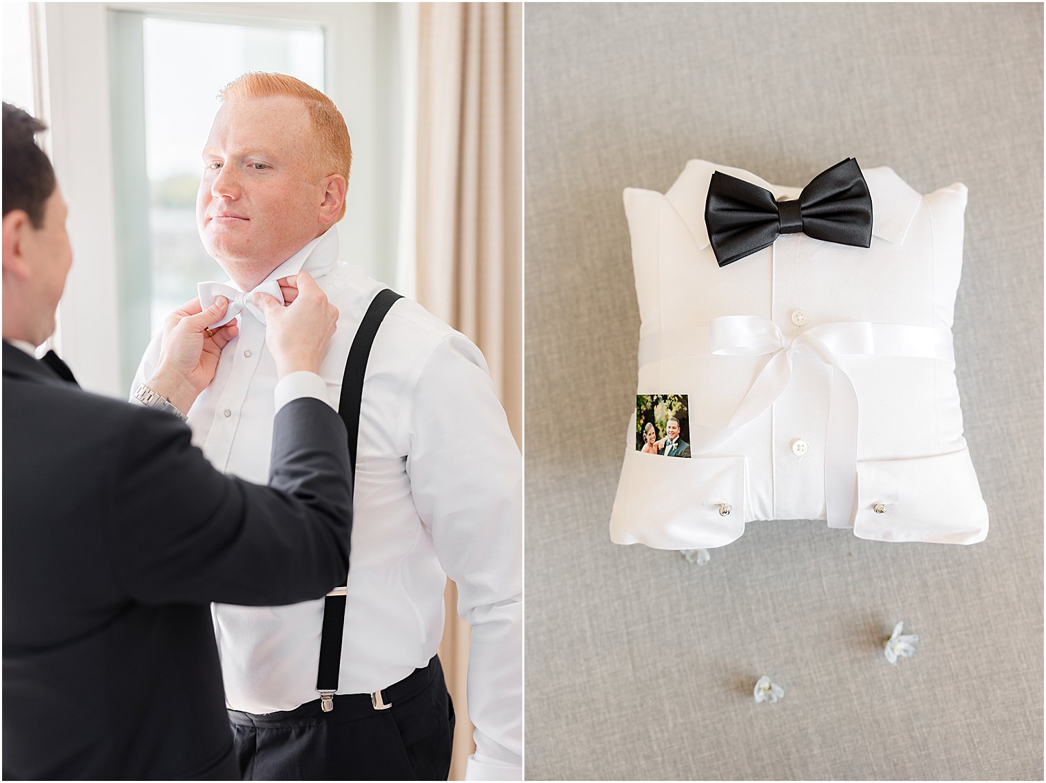 groomsman adjusts tie for groom before LBI wedding