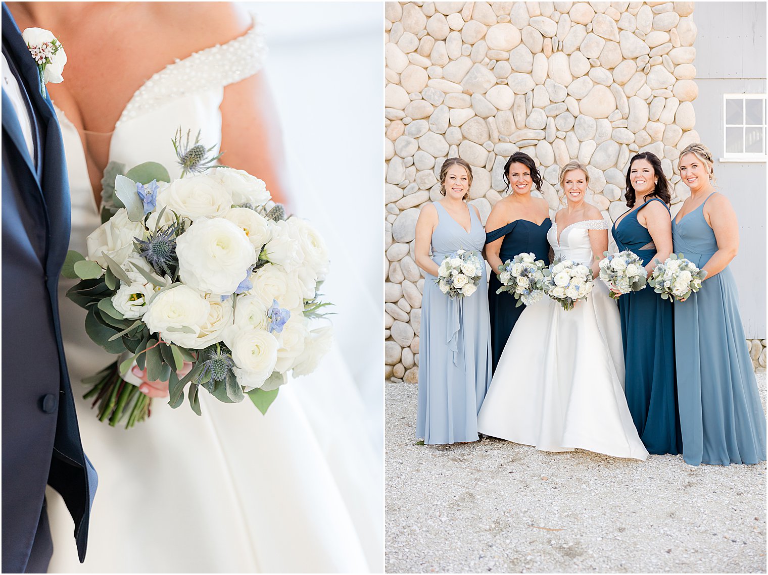 bride holds bouquet of white flowers next to bridesmaids in various shades of blue 