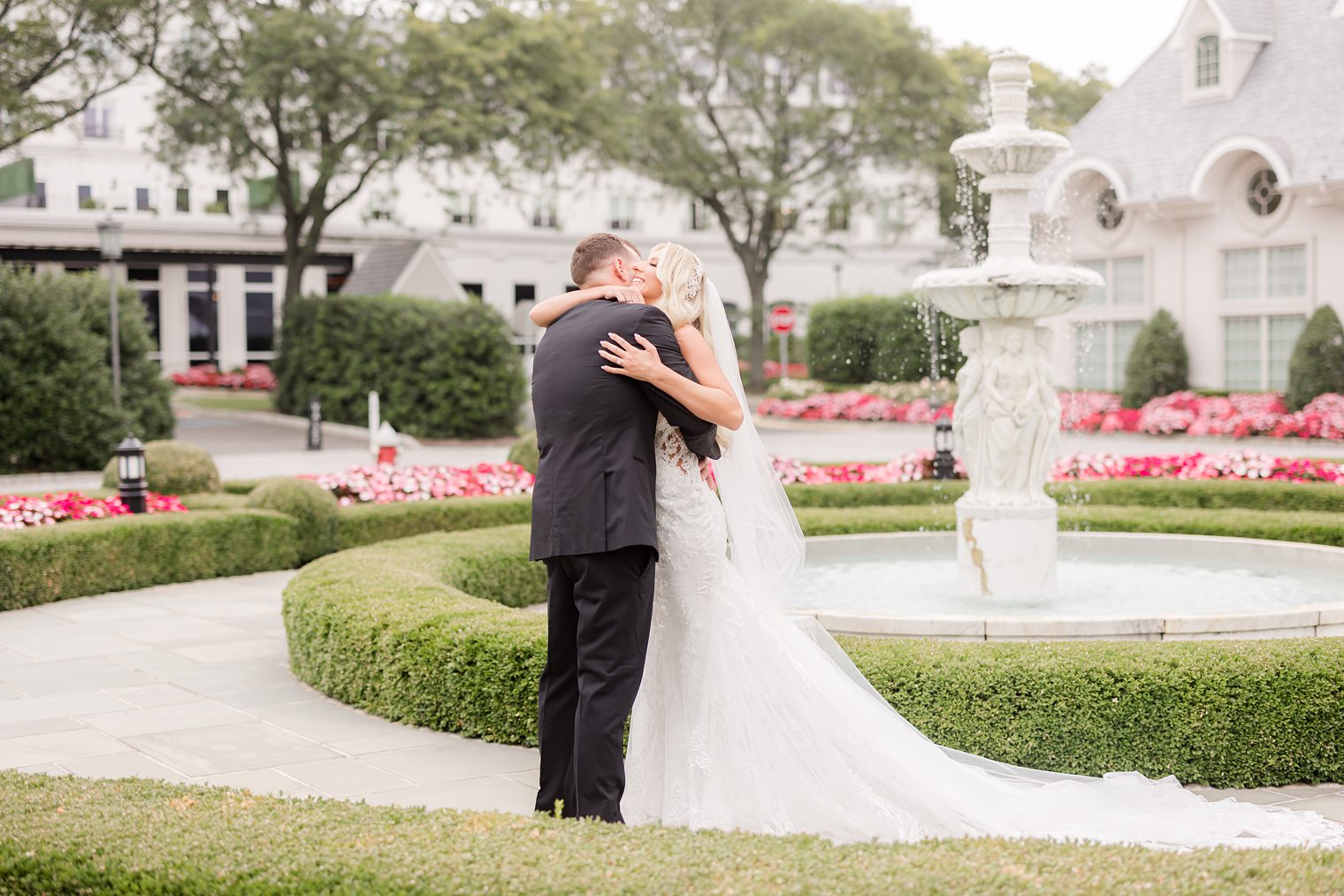 groom and bride hugging after their first look