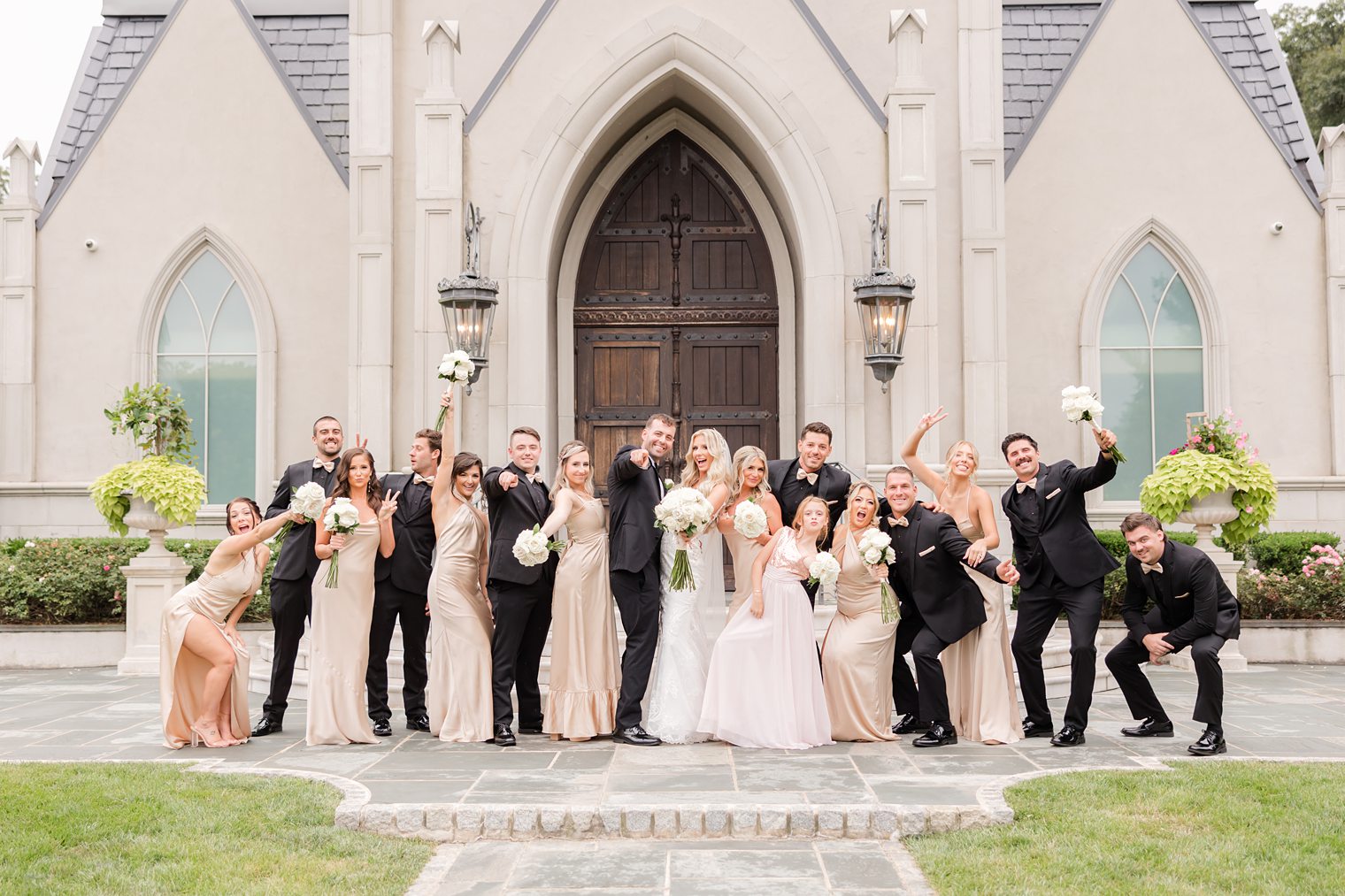 groom and bride having fun with their bridesmaids and best men