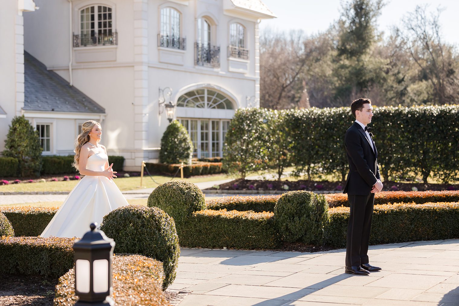 bride and groom ready to share their first look