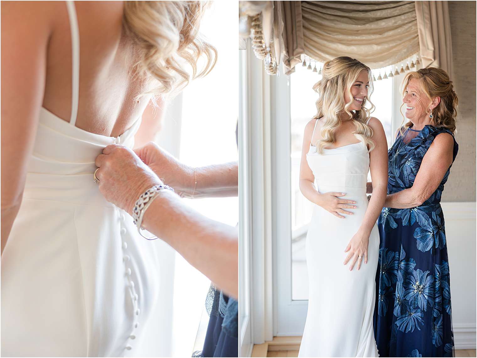 mother helping the bride get dressed