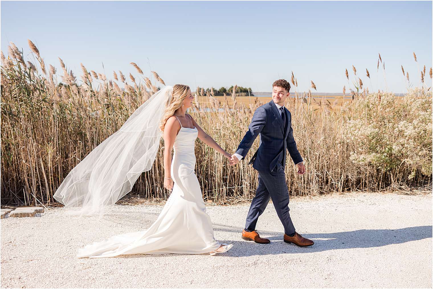 bride and groom walking