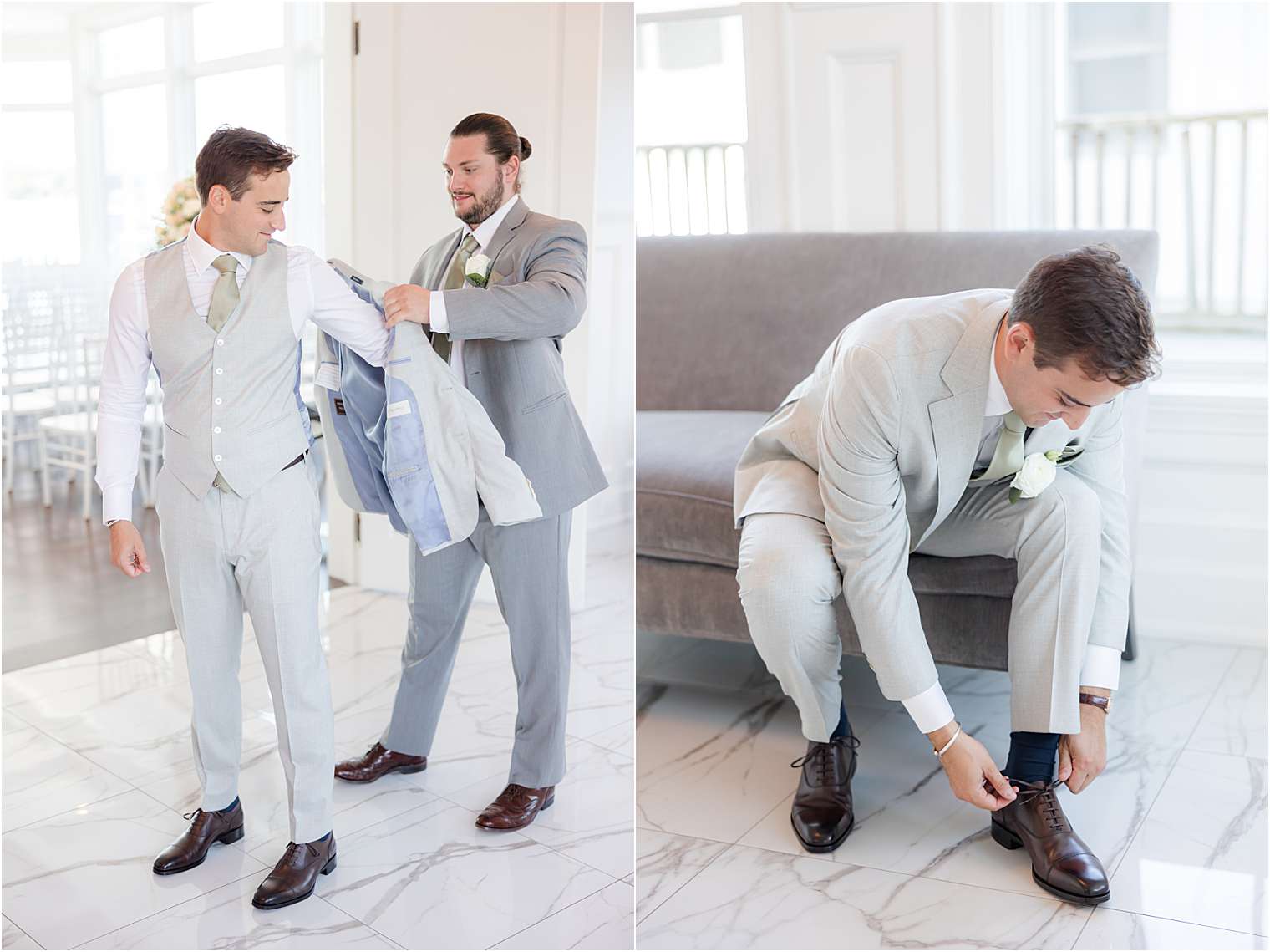 best man helping groom with final details