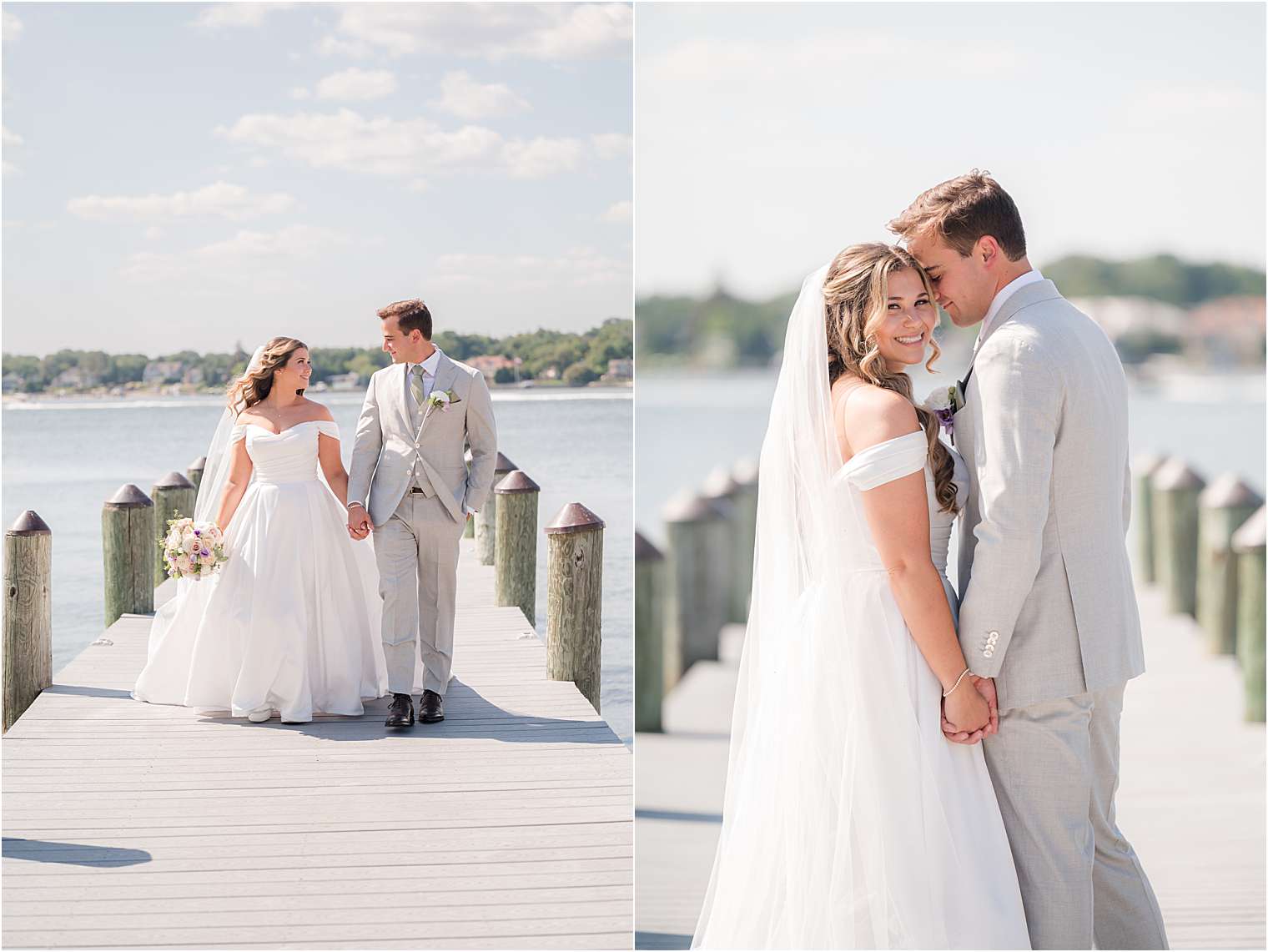 Bride and groom walking on the dock