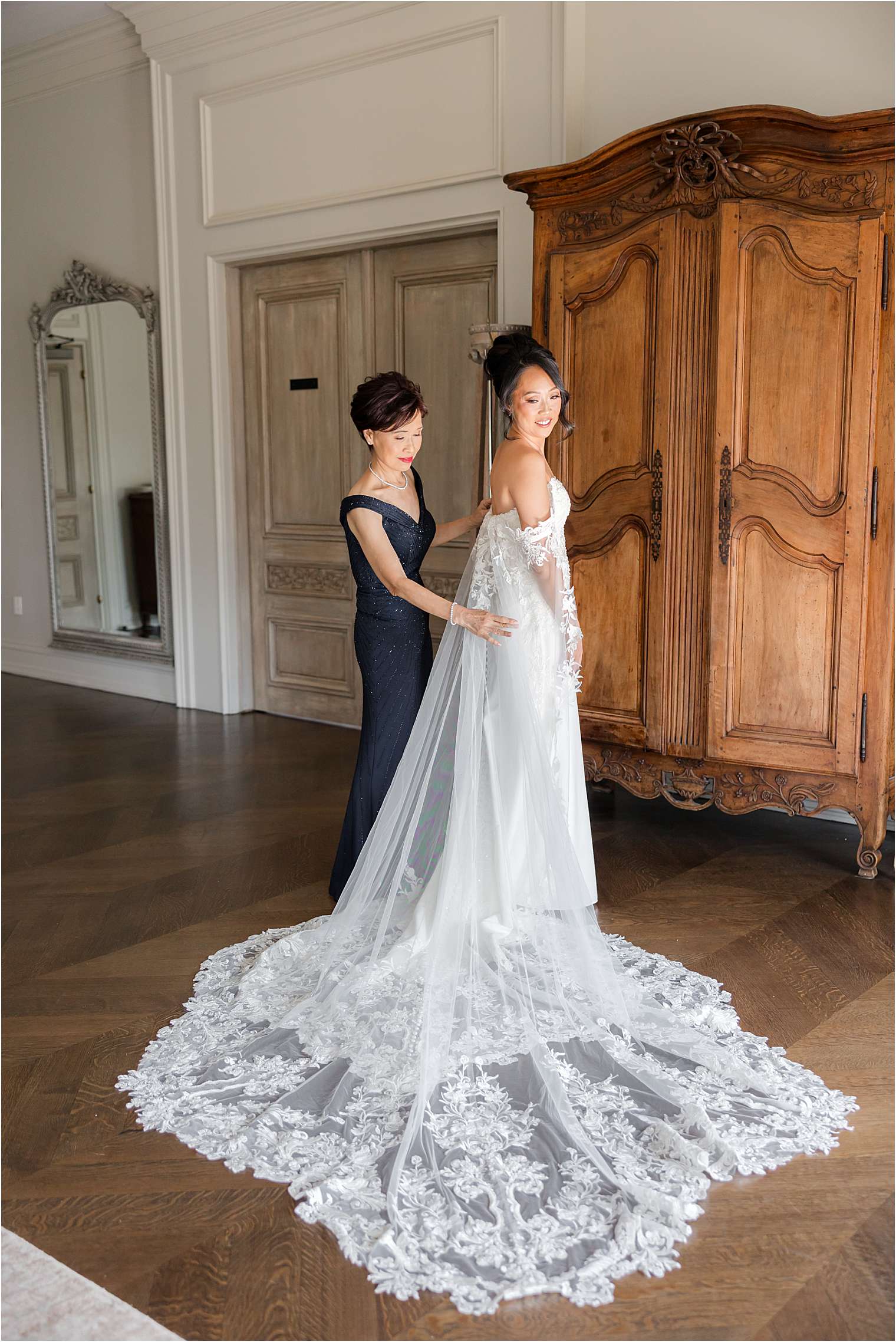 mother helping the bride to get ready 