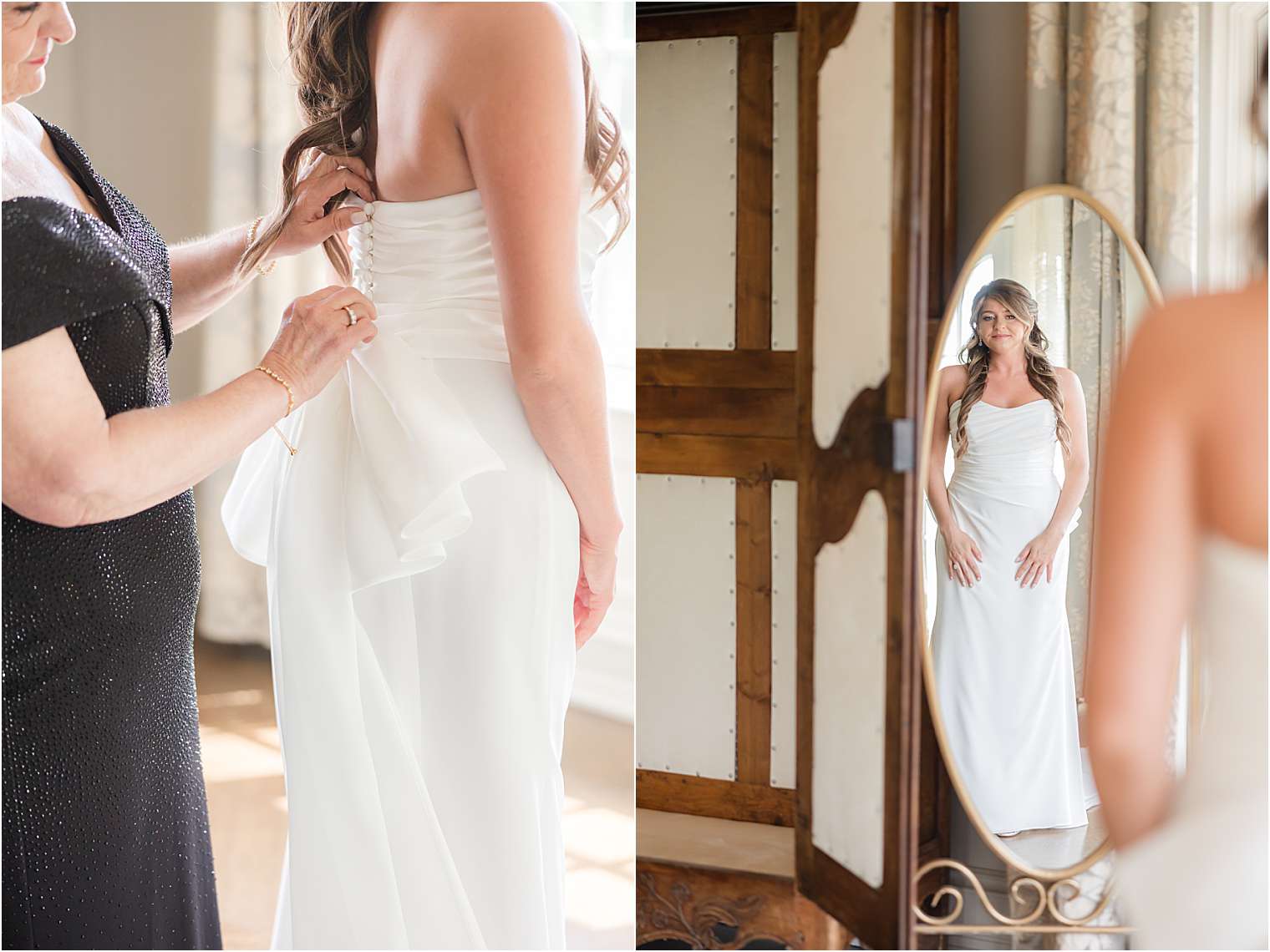 bride's mother helping her to get ready 