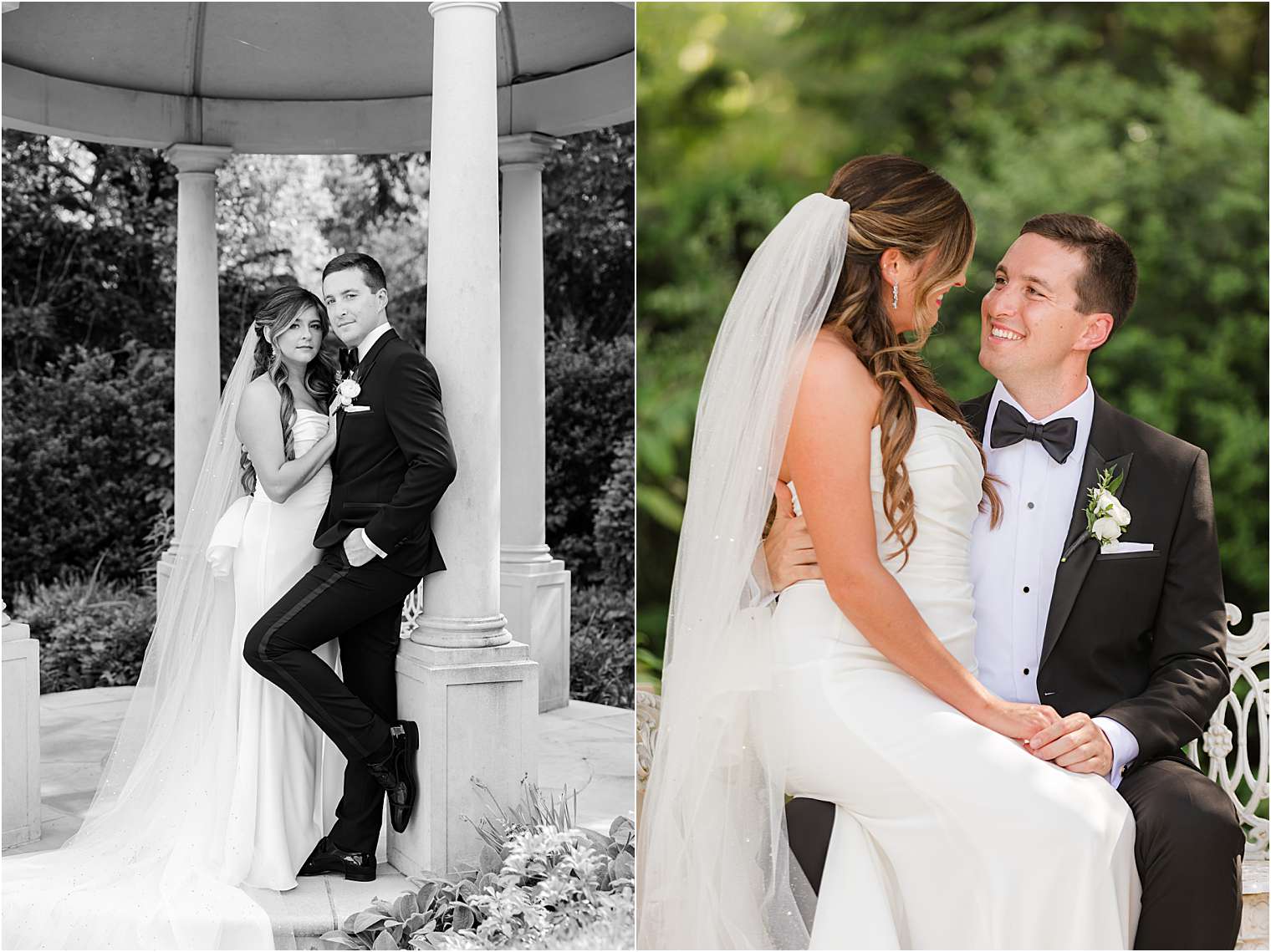 romantic bride and groom under a white gazebo 