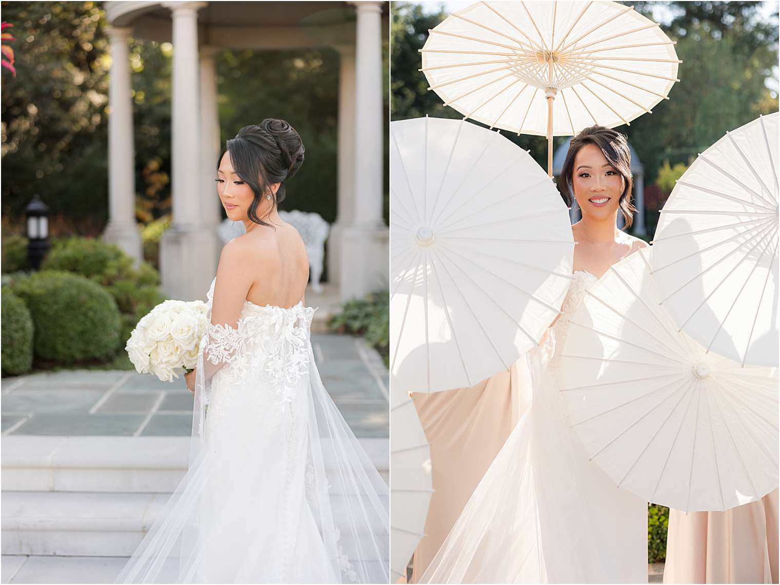 bride holding a white parasol and bouquet