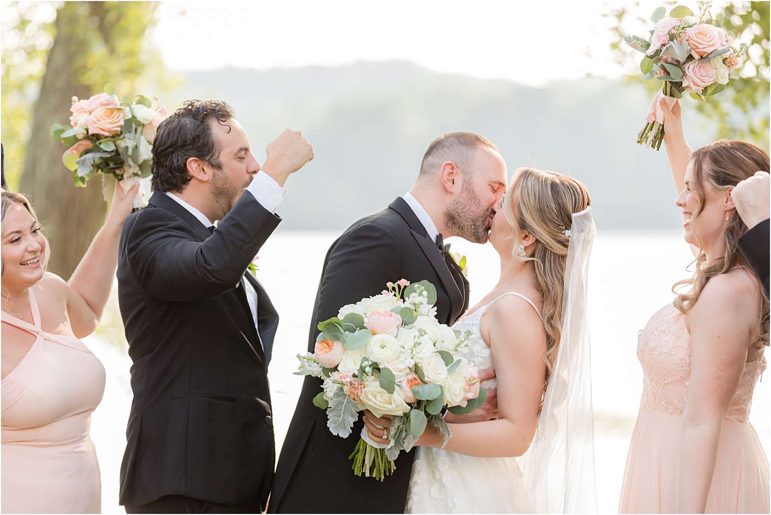 romantic bride and groom with their court