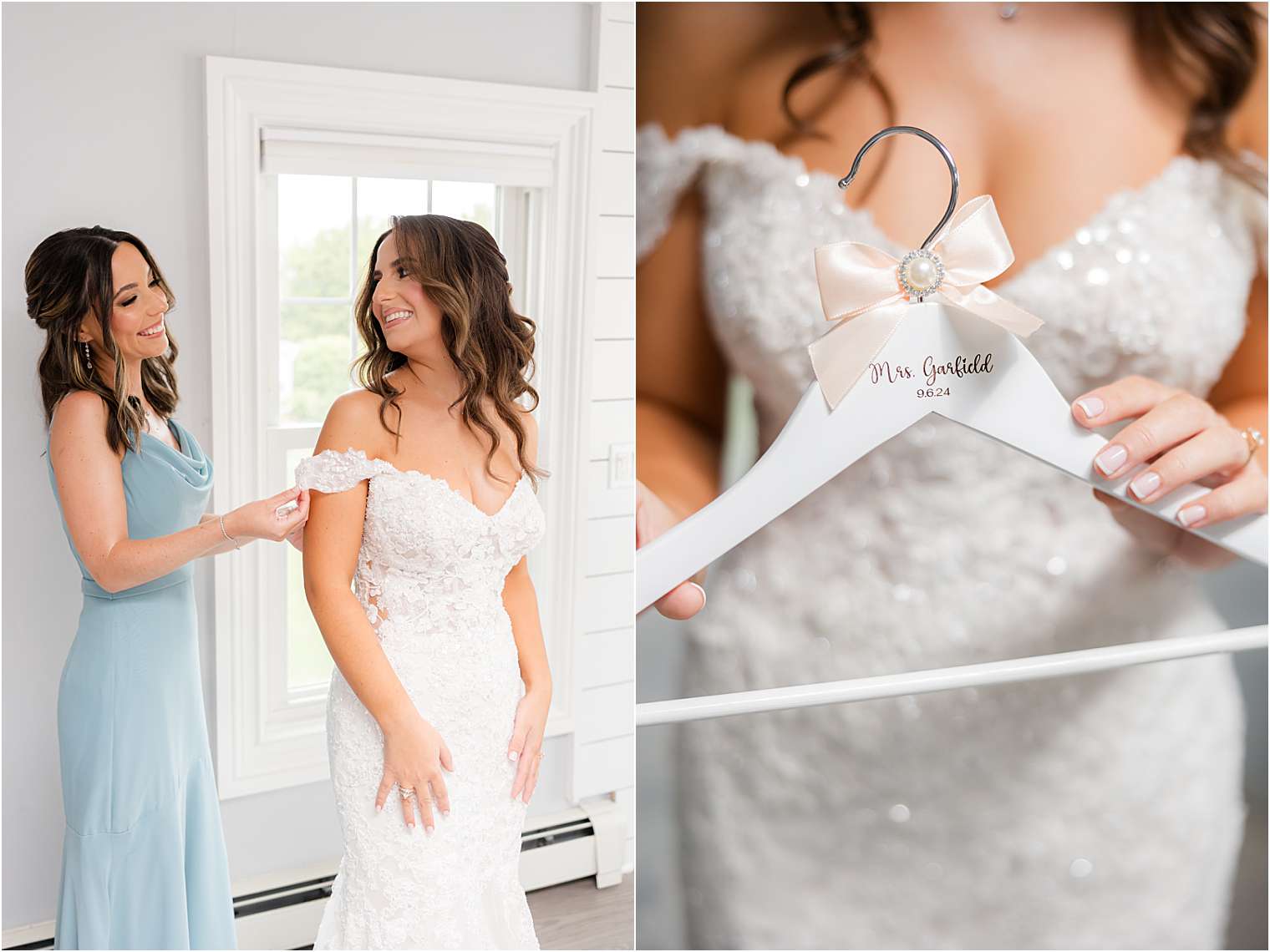 bridesmaid helping the bride to get ready and wedding details