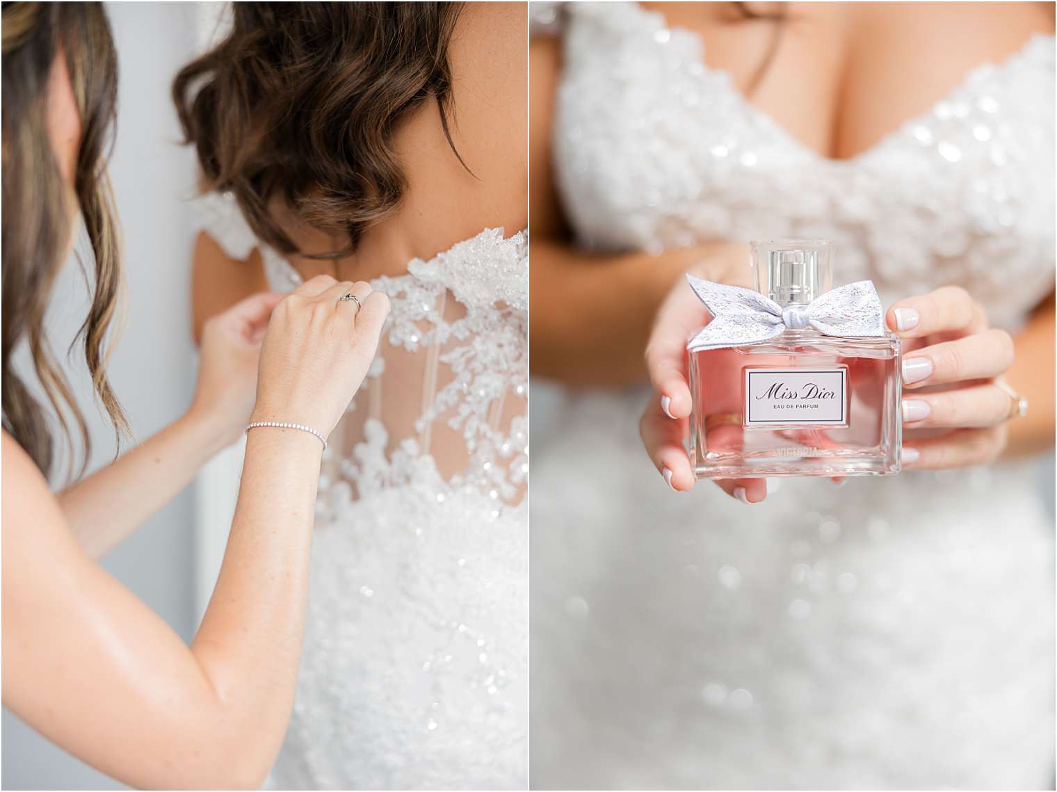 bridesmaid helping bride with final touches 