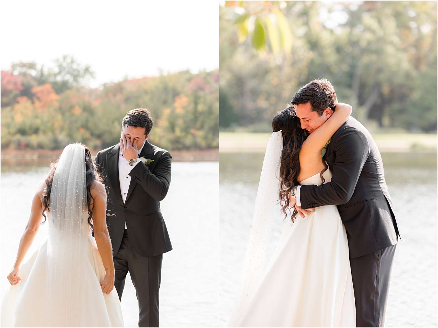 groom and bride hugging after sharing first look