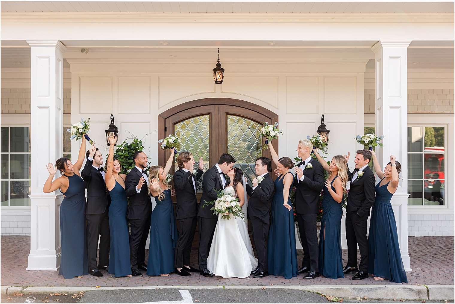 romantic bride and groom with their court