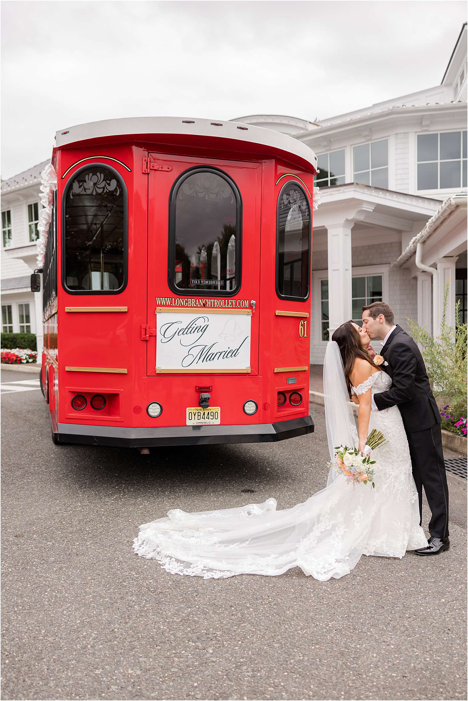 Bride and groom kissing 