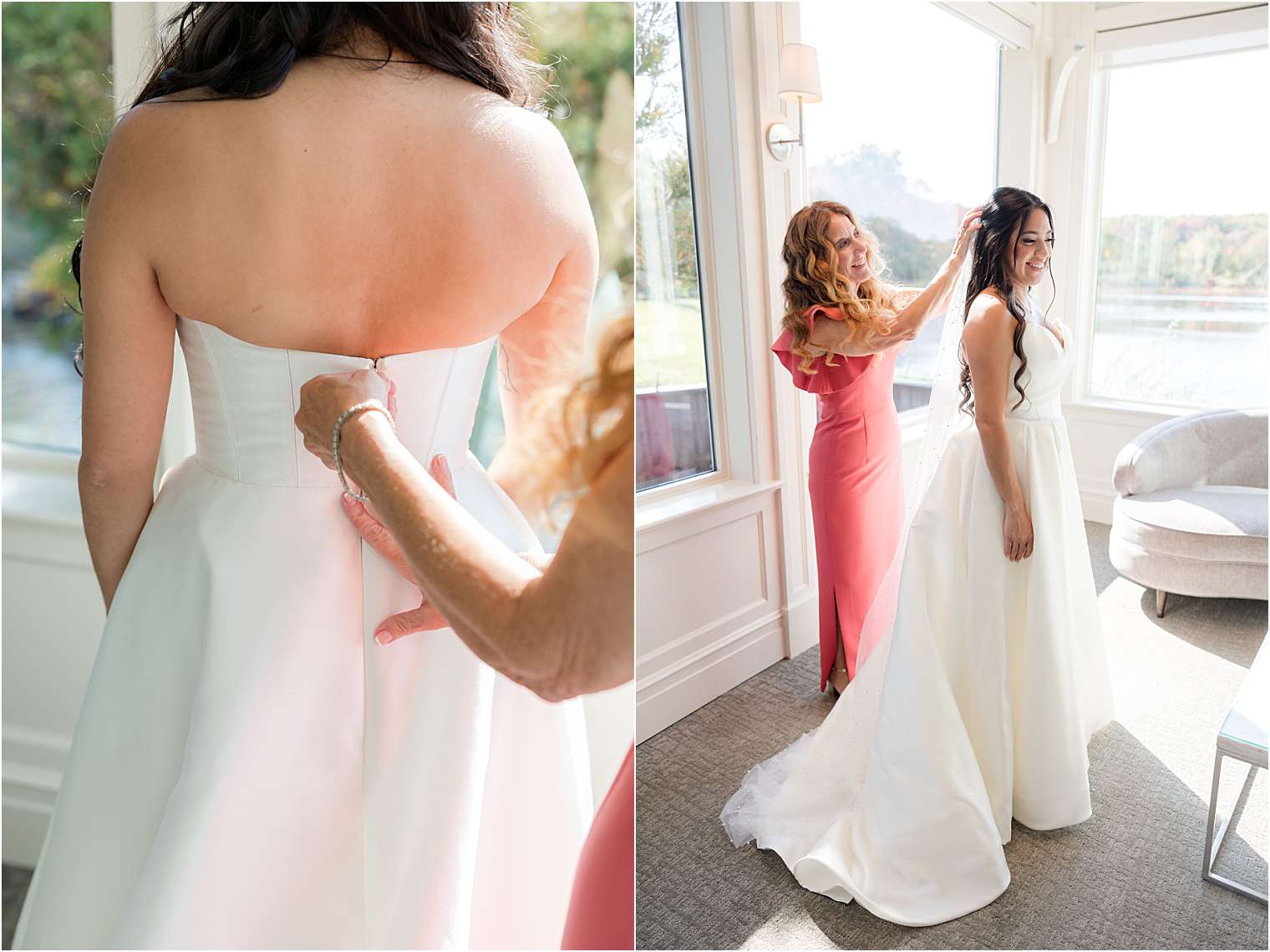 bridesmaid helping the bride to get ready 