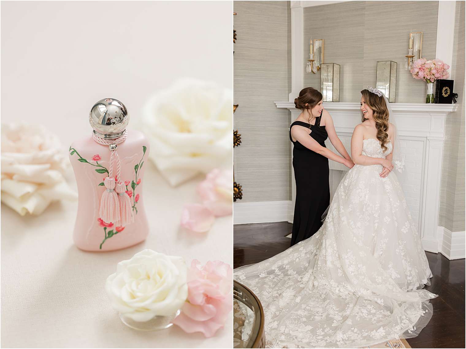 bridesmaid helping bride with final details