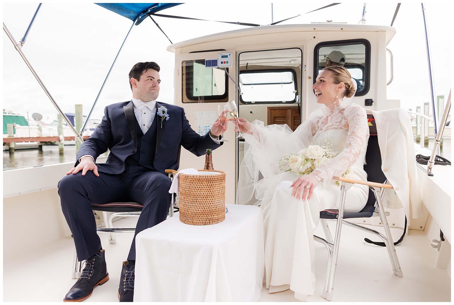 bride and groom in a boat