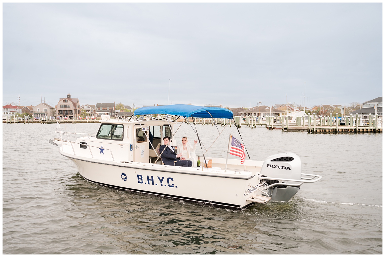 bride and groom in a boat