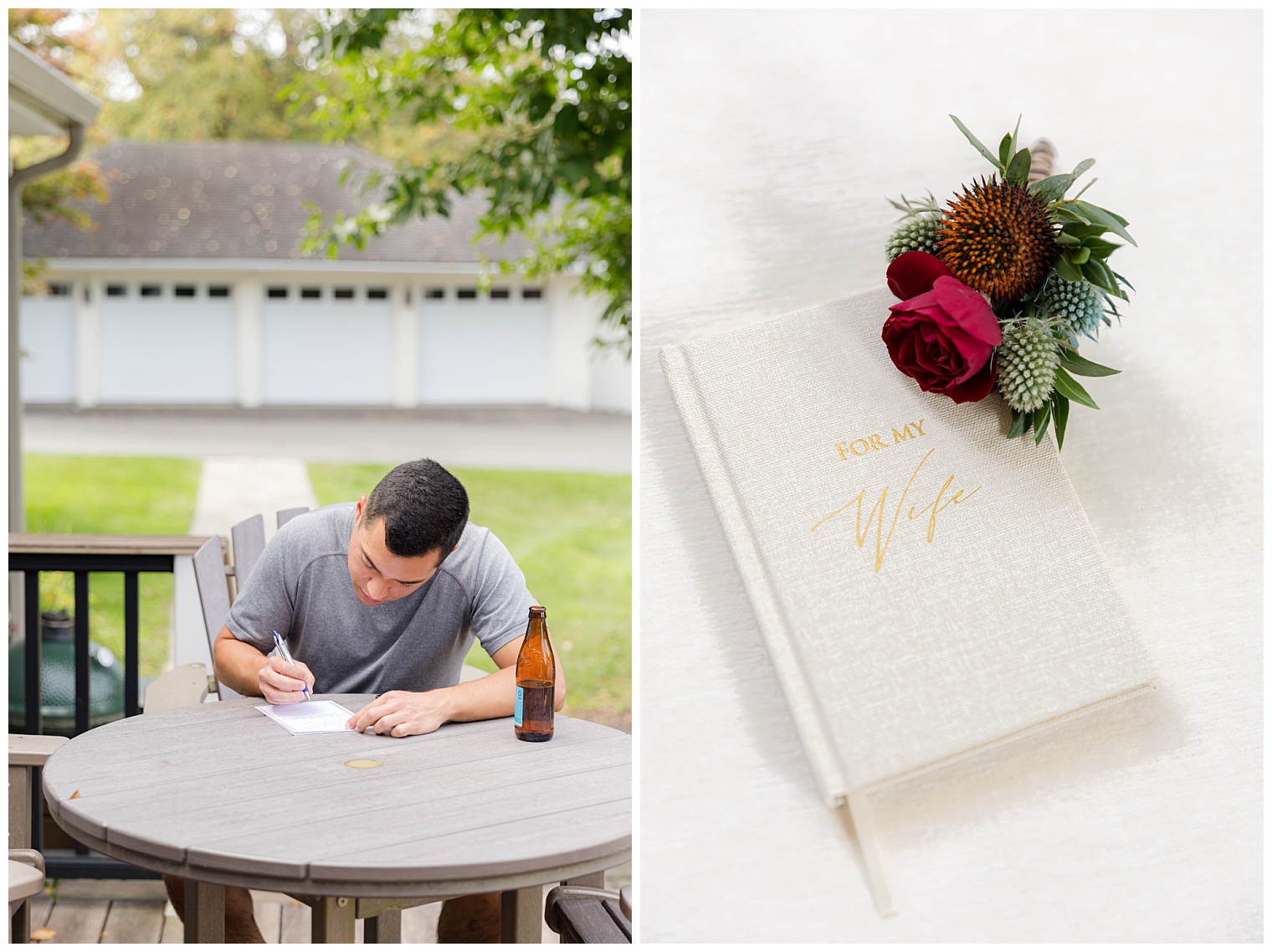 groom writing a love letter to his bride