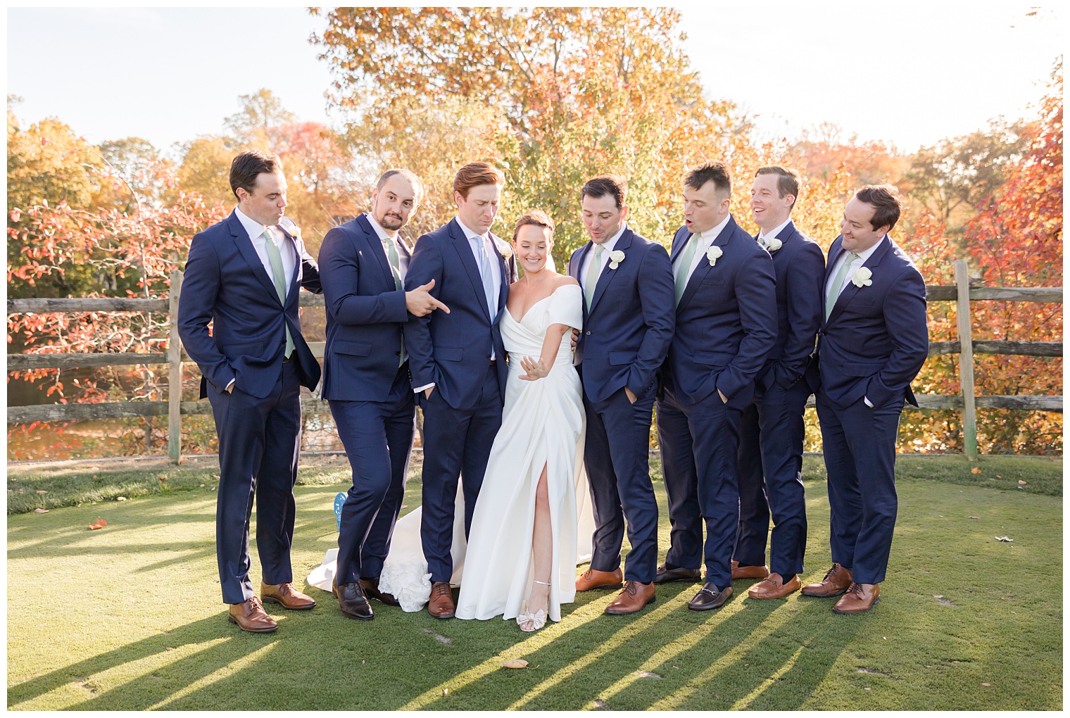 bride and groom with their groomsmen