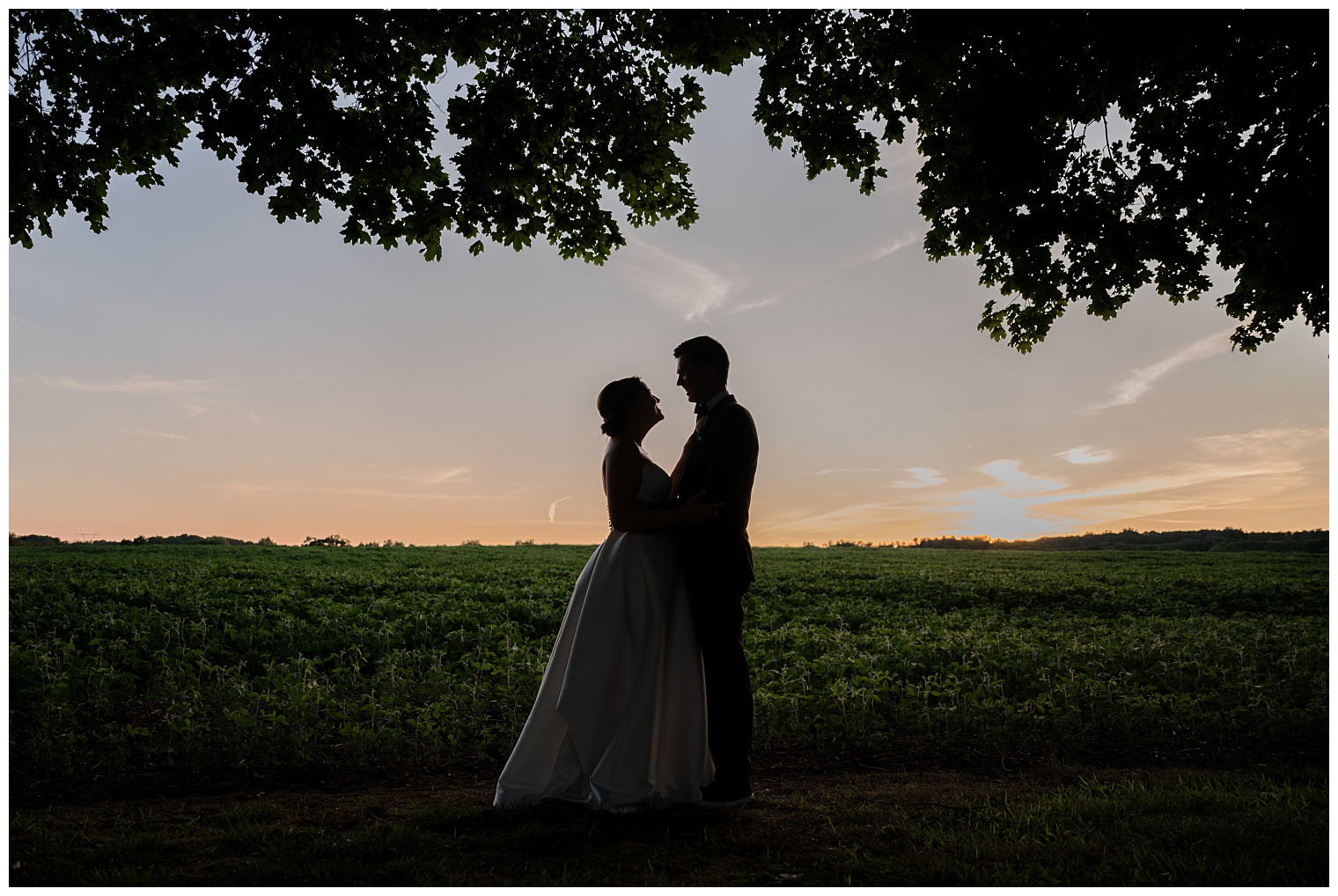 bride and groom looking at the sunset