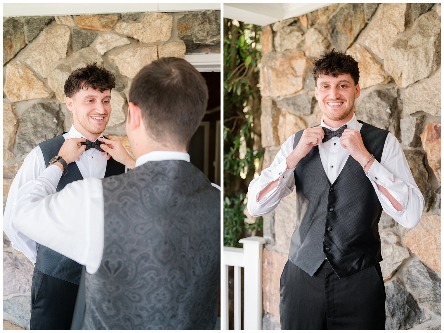 groomsman helping groom with final details